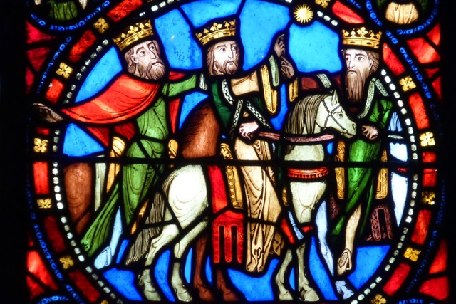The three kings follow the star to Bethlehem. 12th C. stained glass from the Basilica of  St. Denis, Paris. Photo by Jack Martin,  2012 