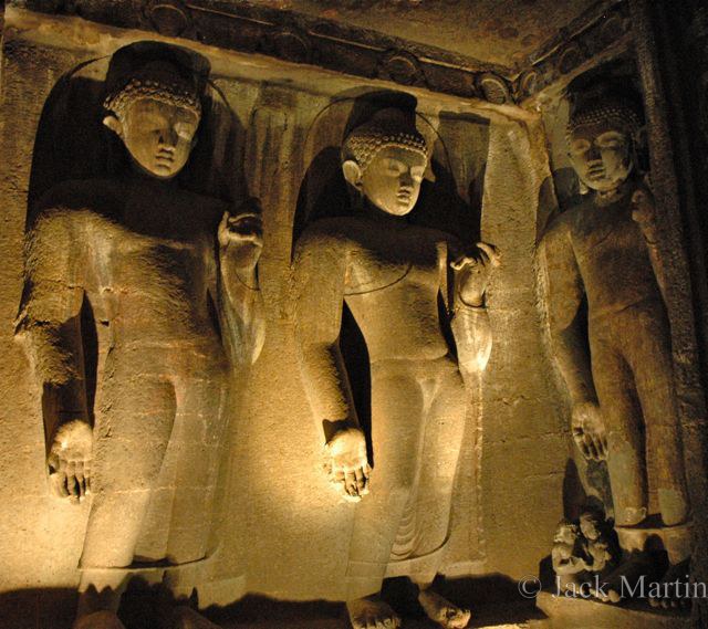 India - Enigmatic statues of the Buddha at Ajanta cave #4, 2007